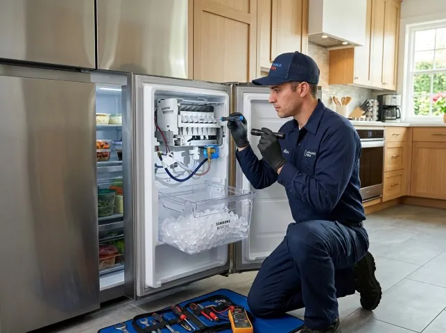 Appliance Repair Hero technician repairing a refrigerator ice maker in Burghill, OH
