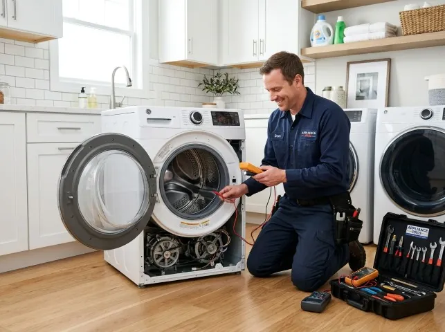 Appliance Repair Hero technician testing a front-load washer with a multimeter on a Burghill, OH service call